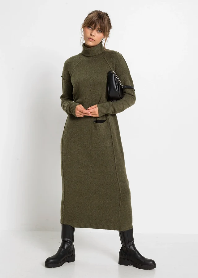 Gebreide jurk met een col • olijfgroen gemêleerd • product-page.page-title-suffix