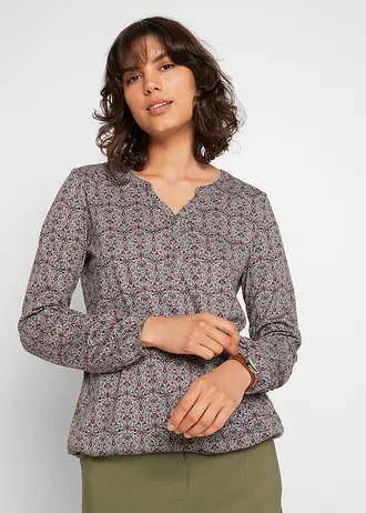 Gedessineerde longsleeve met Henley kraag, Kleur: rookgroen