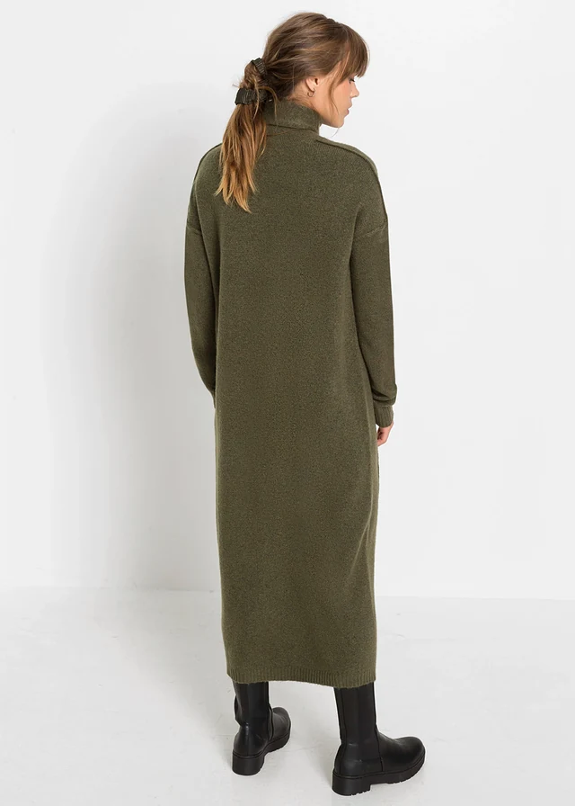 Robe en maille à col roulé, Couleur: olive foncé chiné