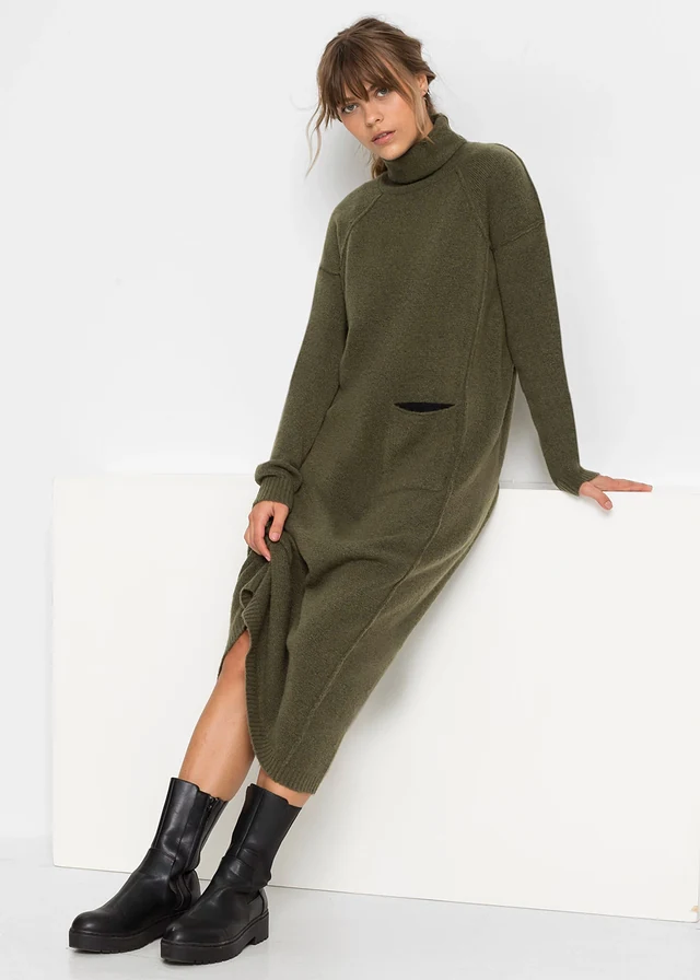 Robe en maille à col roulé, Couleur: olive foncé chiné
