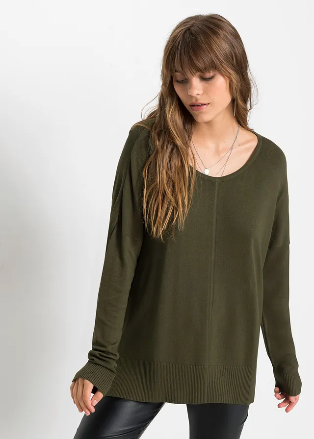 Gebreide oversized trui in een viscosemix, Kleur: donkerolijfgroen