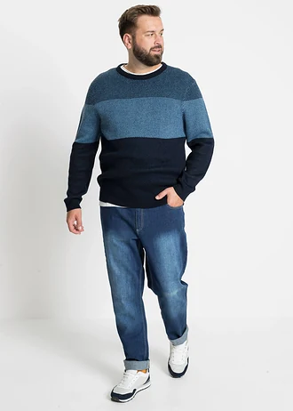 Pull col rond style color block, Couleur: bleu foncé rayé
