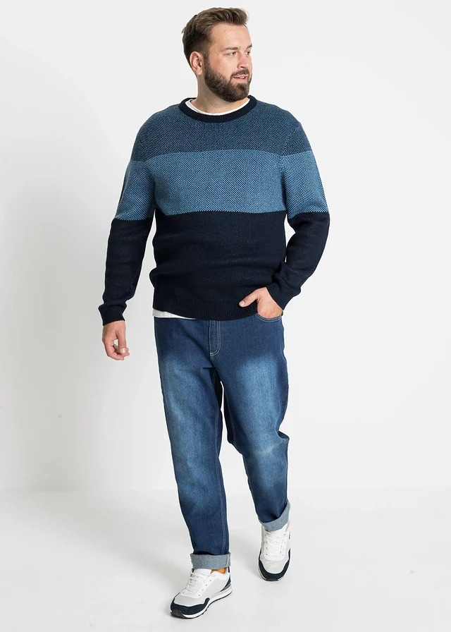 Pull col rond style color block, Couleur: bleu foncé rayé