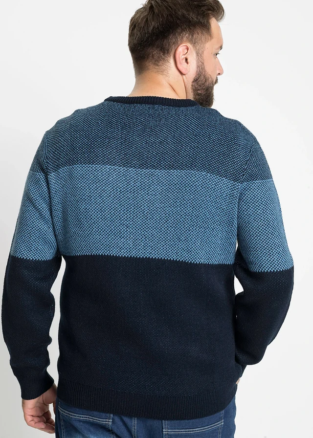 Pull col rond style color block, Couleur: bleu foncé rayé