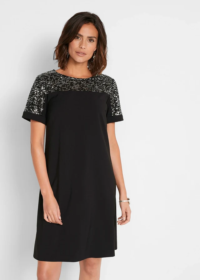 Robe courte avec empiècement à sequins, Couleur: noir-argenté