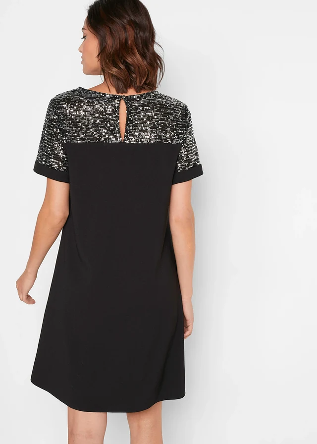 Robe courte avec empiècement à sequins, Couleur: noir-argenté