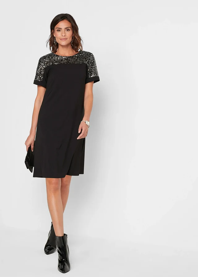 Robe courte avec empiècement à sequins, Couleur: noir-argenté