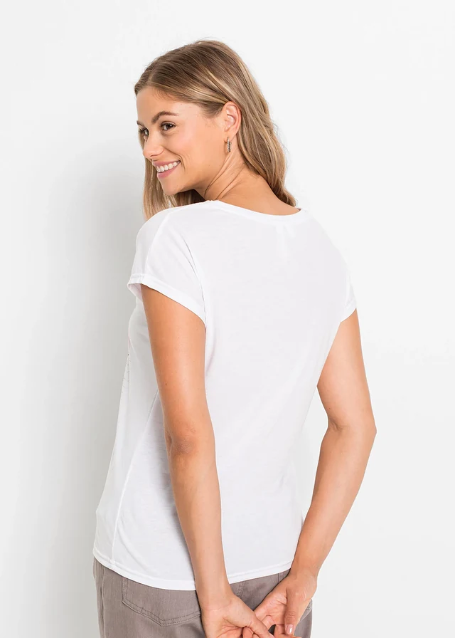 T-shirt à imprimé plume, Couleur: blanc imprimé