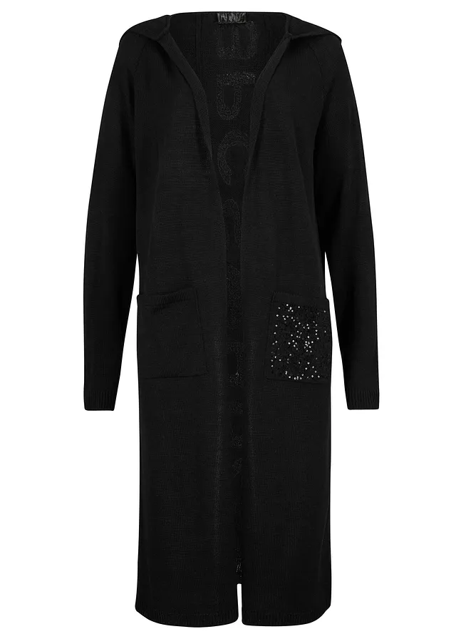 Pletený dlhý sveter s flitrami a kapucňou Pletený dlhý sveter s flitrami a kapucňou