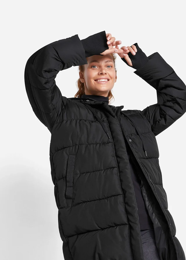 Gewatteerde, lange outdoor jas, waterafstotend • zwart • product-page.page-title-suffix