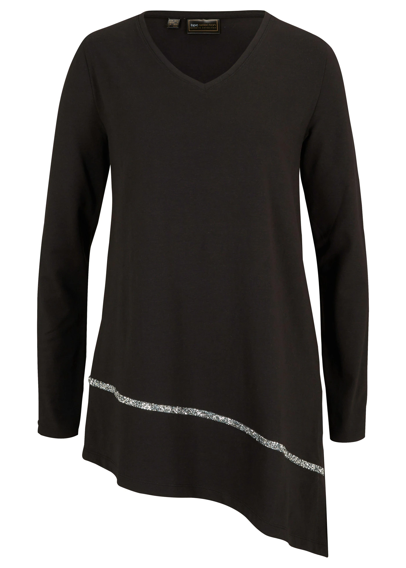 T-shirt long et asymétrique à liseré brillant • noir/argenté • Boutique bonprix