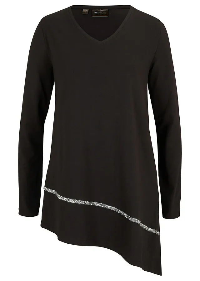 T-shirt long et asymétrique à liseré brillant • noir/argenté • Boutique bonprix