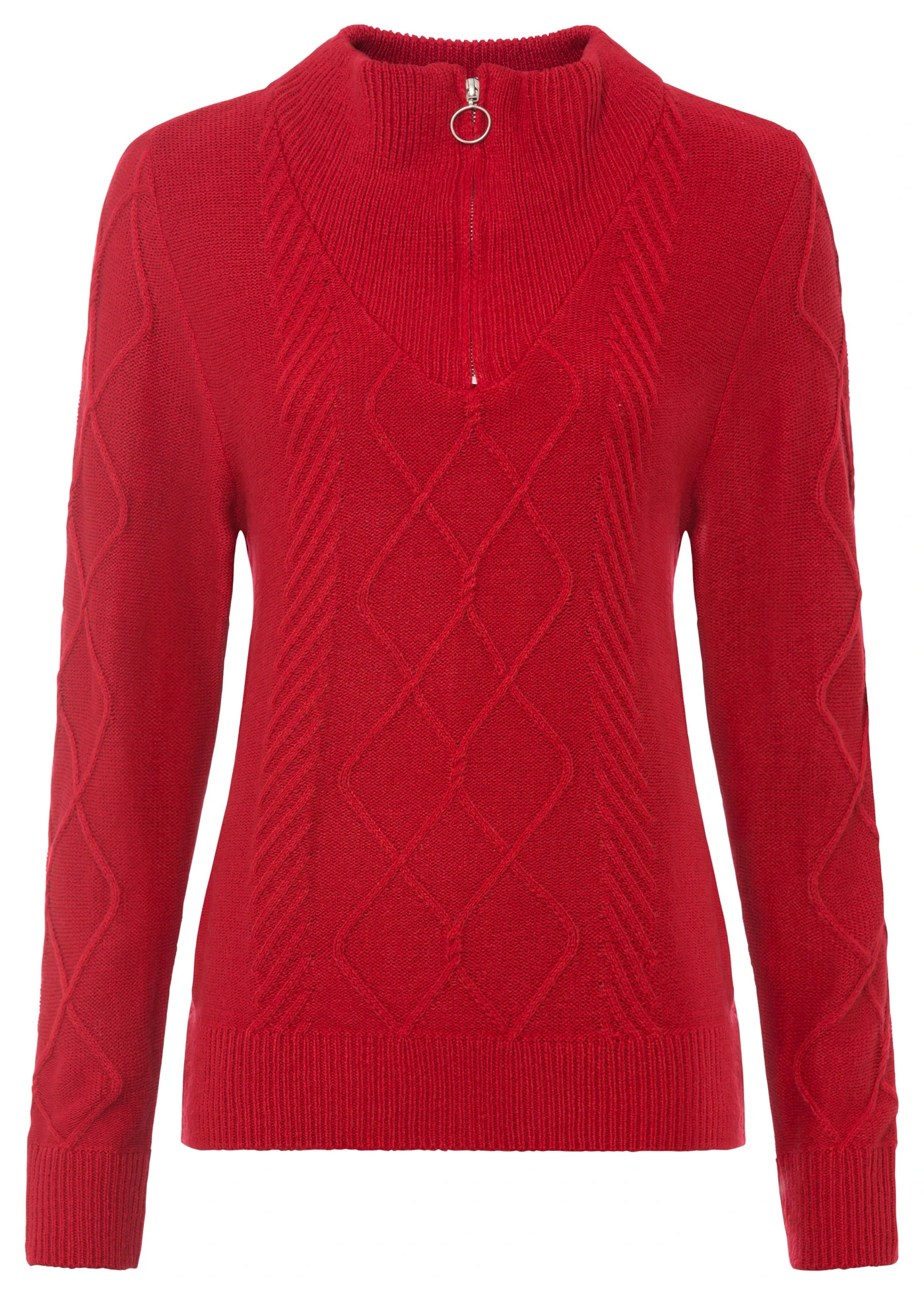 Svetr s límečkem na zip a copánkovým vzorem • sytě červená • bonprix obchod