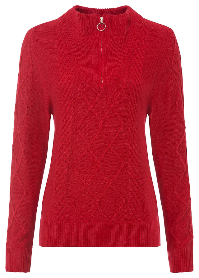 Svetr s límečkem na zip a copánkovým vzorem • sytě červená • bonprix obchod