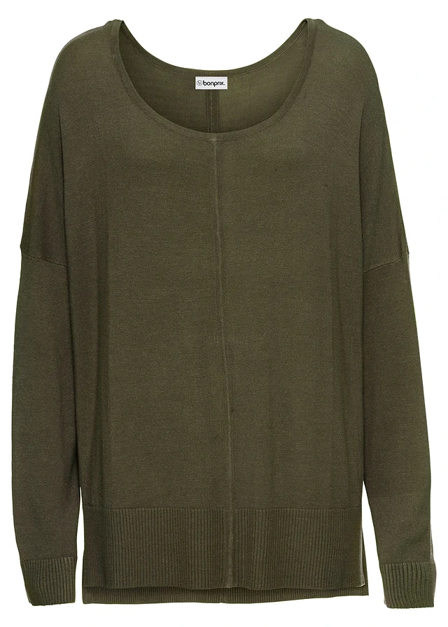 Gebreide oversized trui in een viscosemix, Kleur: donkerolijfgroen