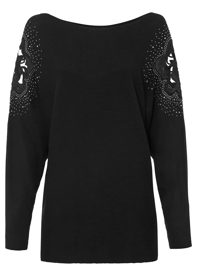 Geribde trui met steentjes • zwart • bonprix online shop