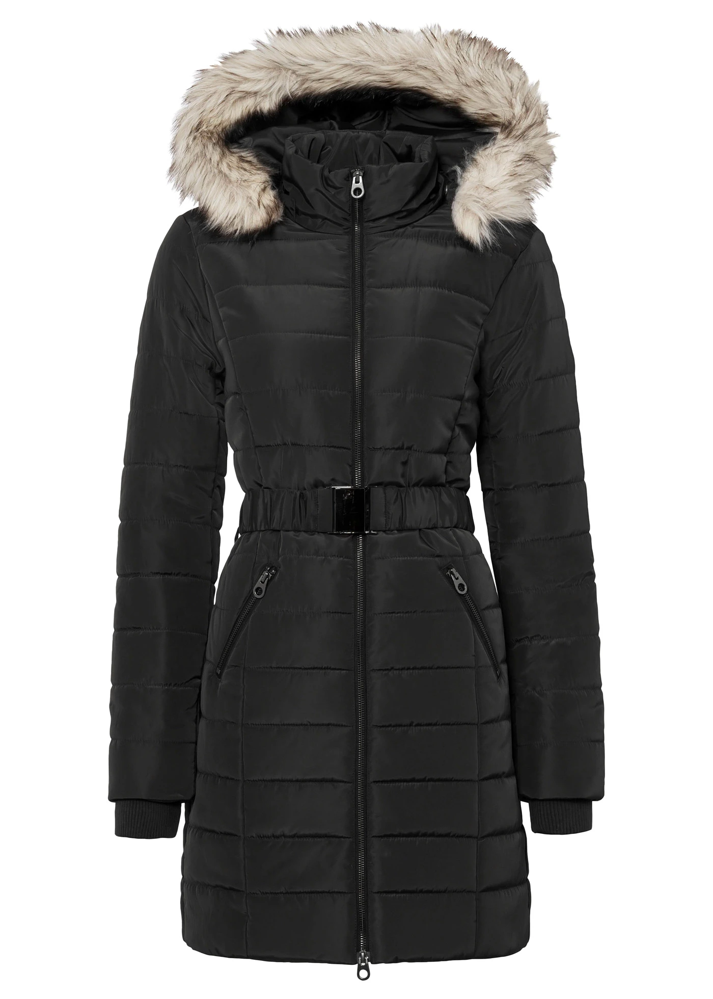 Gewatteerde jas met riem • zwart • bonprix online shop