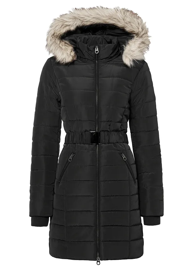 Gewatteerde jas met riem • zwart • bonprix online shop