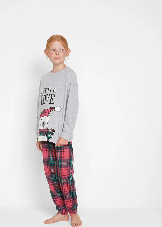 Pijama din bumbac moale (set/2 piese), culoare: gri melanj/roșu/bleumarin cadrilat