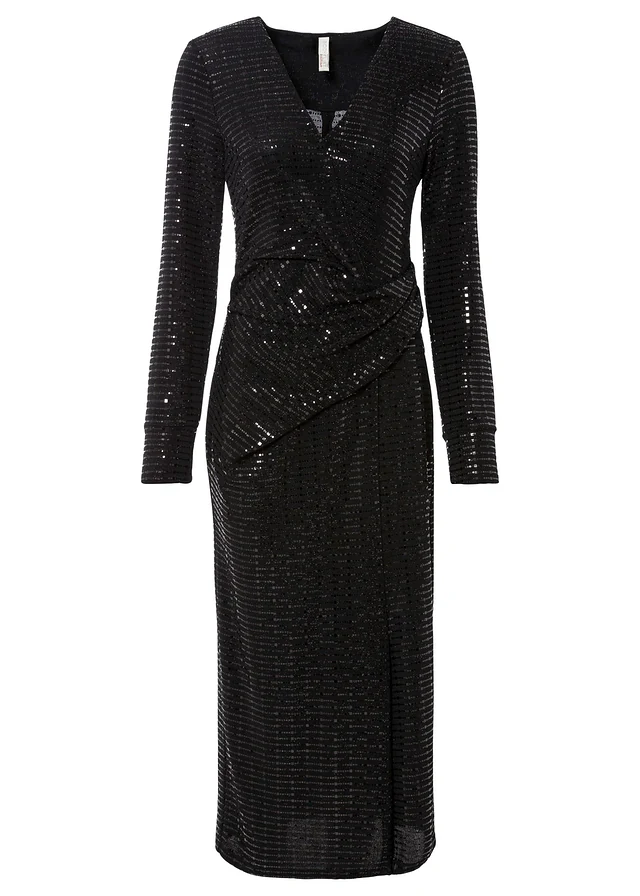 Accentuerende jurk met pailletten, Kleur: zwart