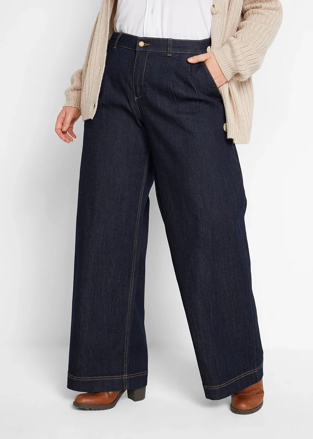 Jean large à taille haute élastiquée, Couleur: bleu foncé denim