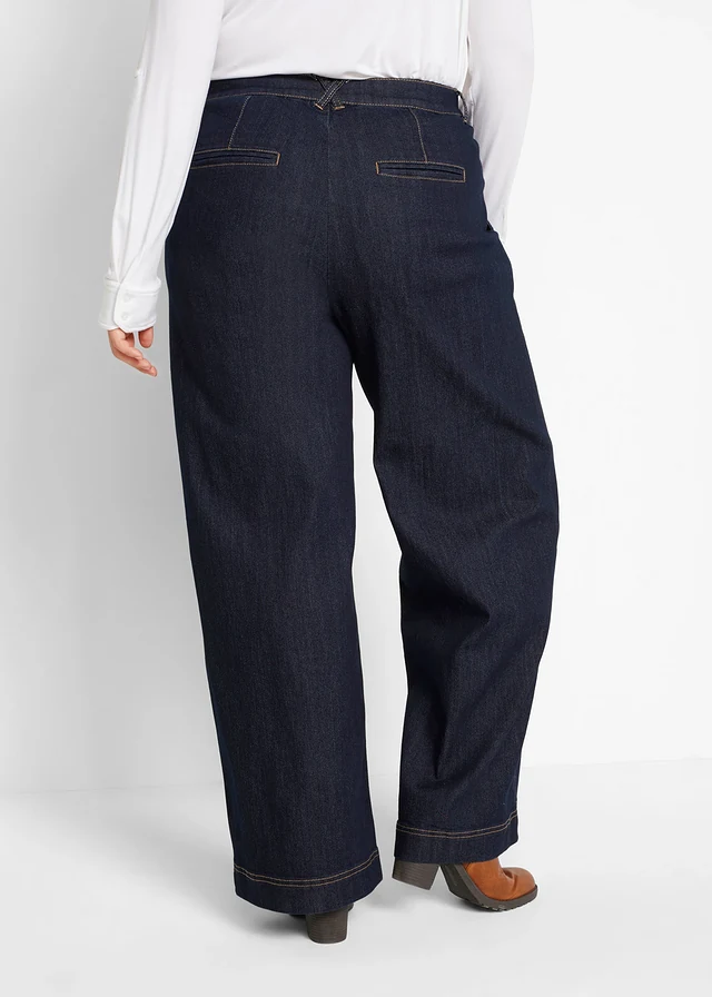 Jean large à taille haute élastiquée, Couleur: bleu foncé denim