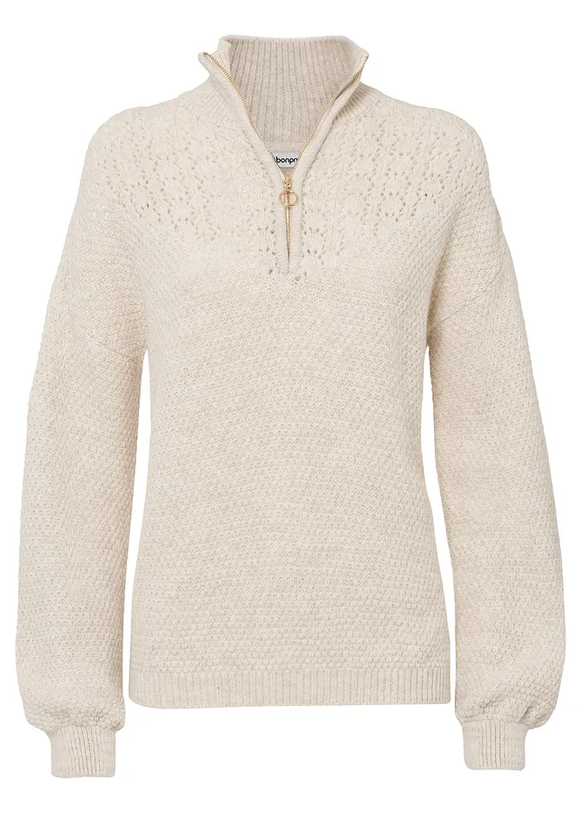 Schipperstrui met ajourpatroon, Kleur: sand