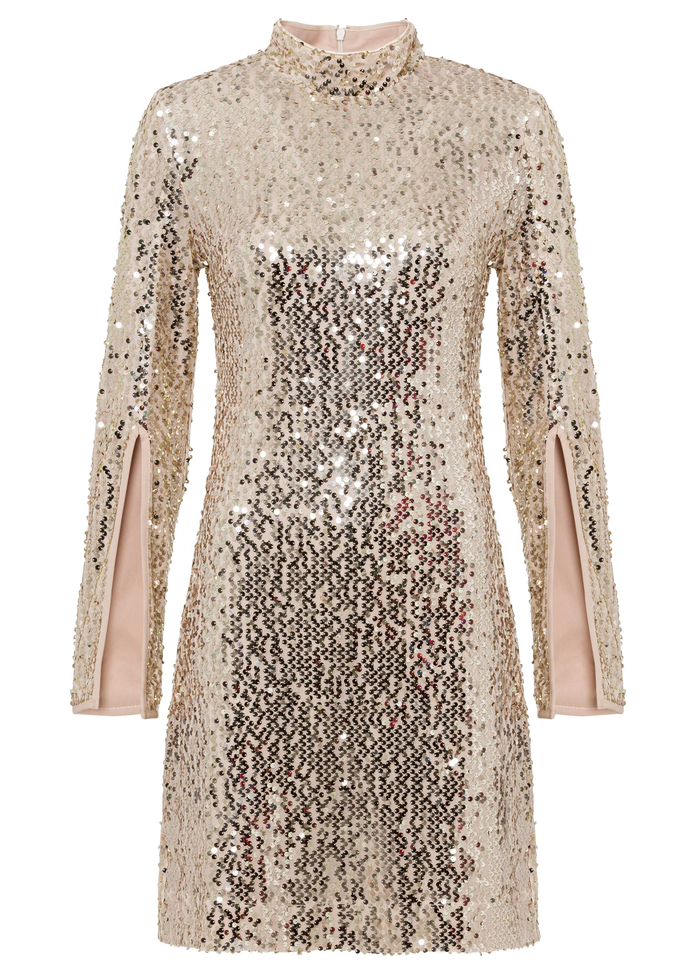 Šaty s pajetkami a trumpetovými rukávy • zlato-béžová • bonprix obchod