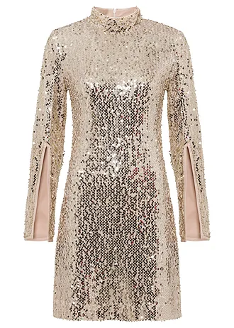 Šaty s pajetkami a trumpetovými rukávy • zlato-béžová • bonprix obchod