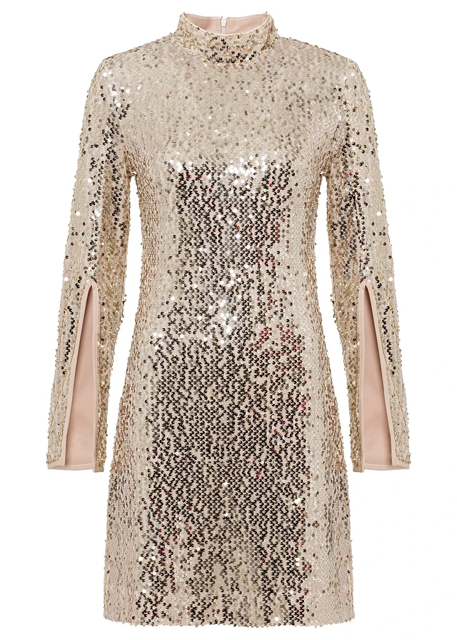 Robe à sequins et manches trompette, Couleur: doré/beige