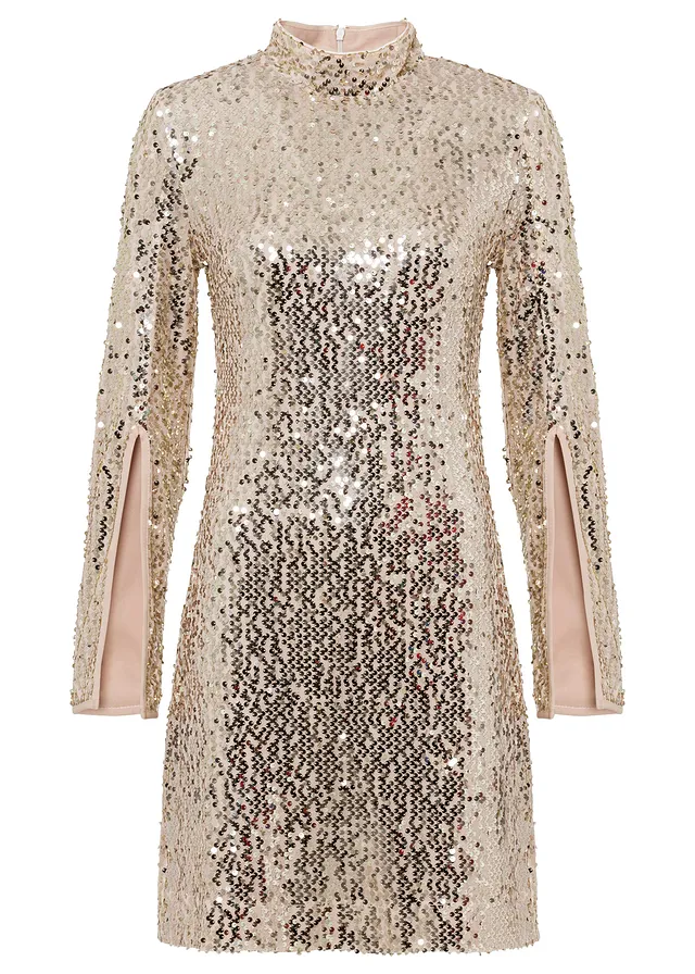 Šaty s pajetkami a trumpetovými rukávy • zlato-béžová • bonprix obchod