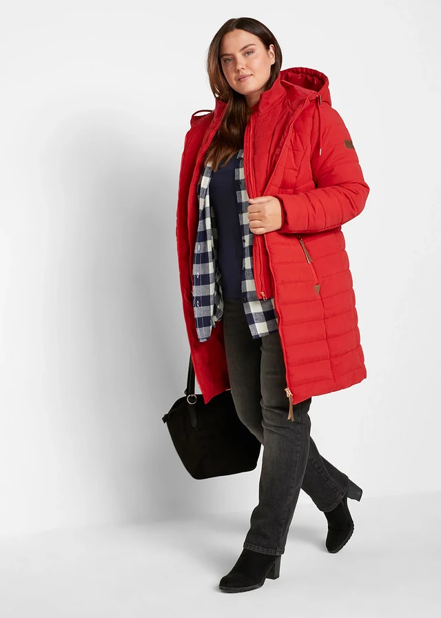 Lange gewatteerde jas, 2-in-1 look, Kleur: dieprood