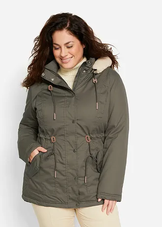 Parka rembourrée avec bordure sherpa, Couleur: olive foncé