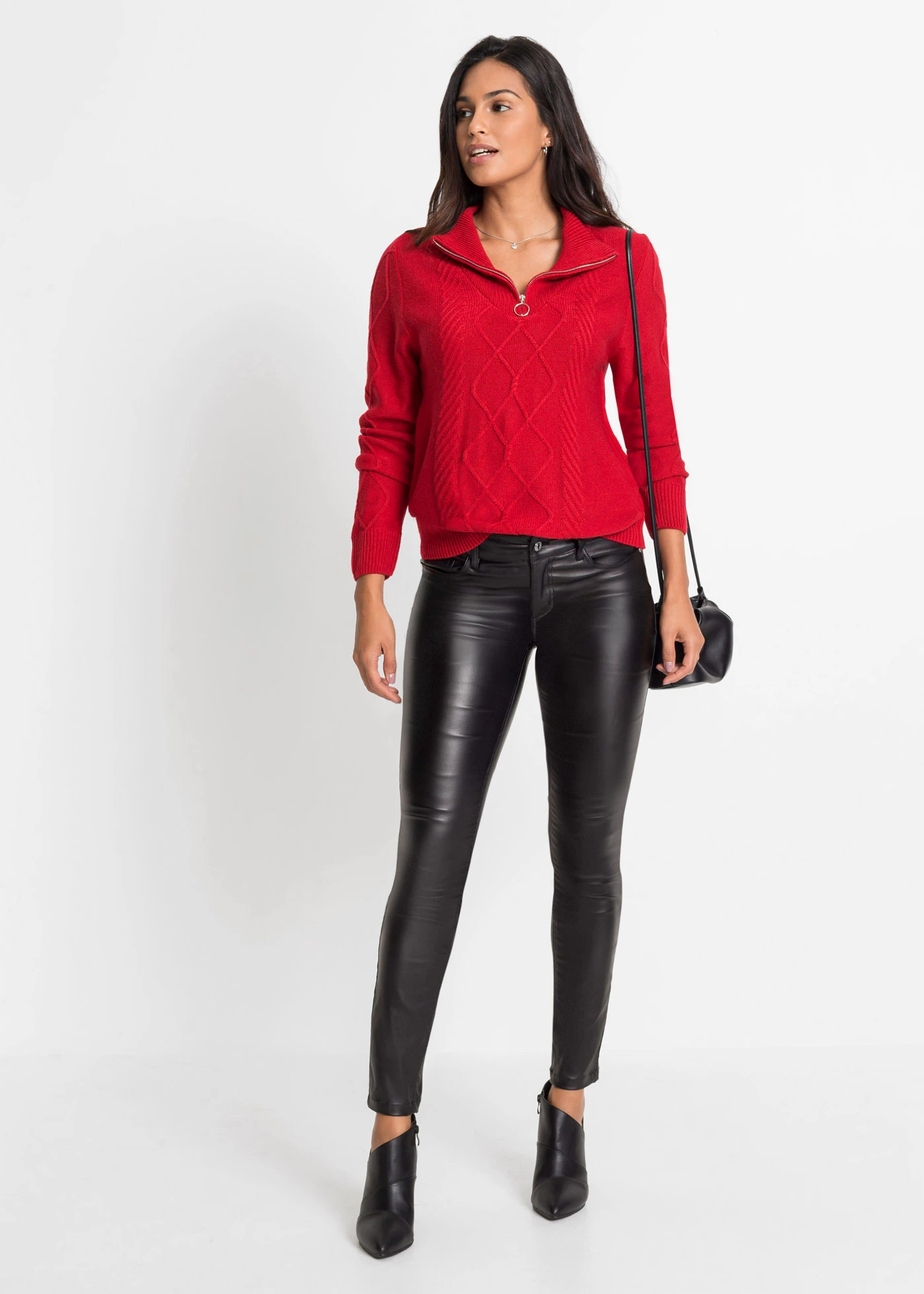 Svetr s límečkem na zip a copánkovým vzorem • sytě červená • bonprix obchod