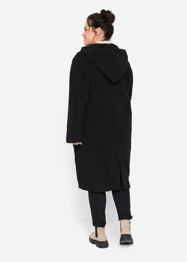 Manteau en sherpa avec capuche et poches, Couleur: noir