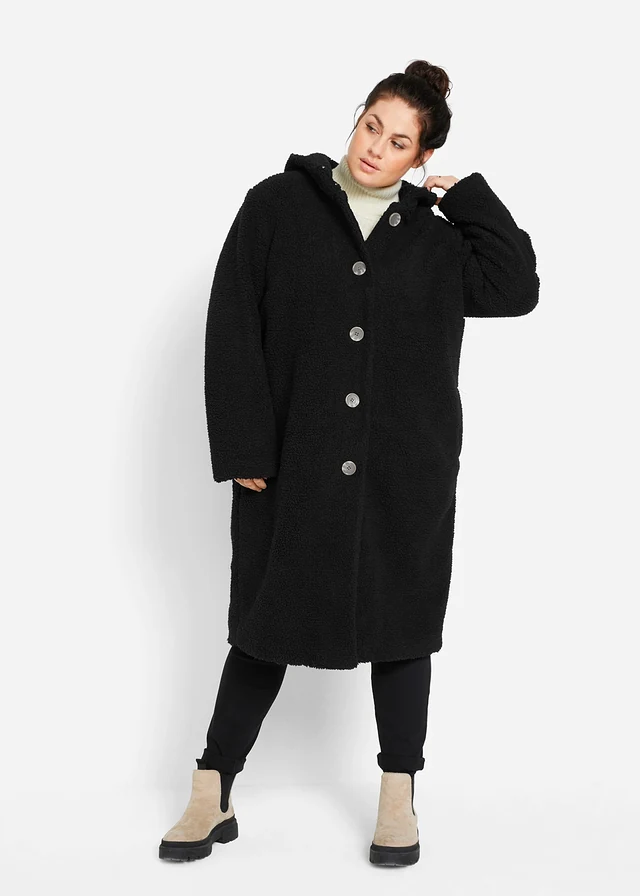 Manteau en sherpa avec capuche et poches, Couleur: noir