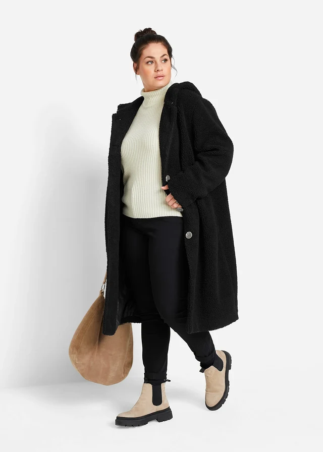 Manteau en sherpa avec capuche et poches, Couleur: noir