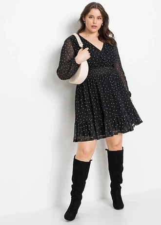 Robe courte, Couleur: noir pois + écru