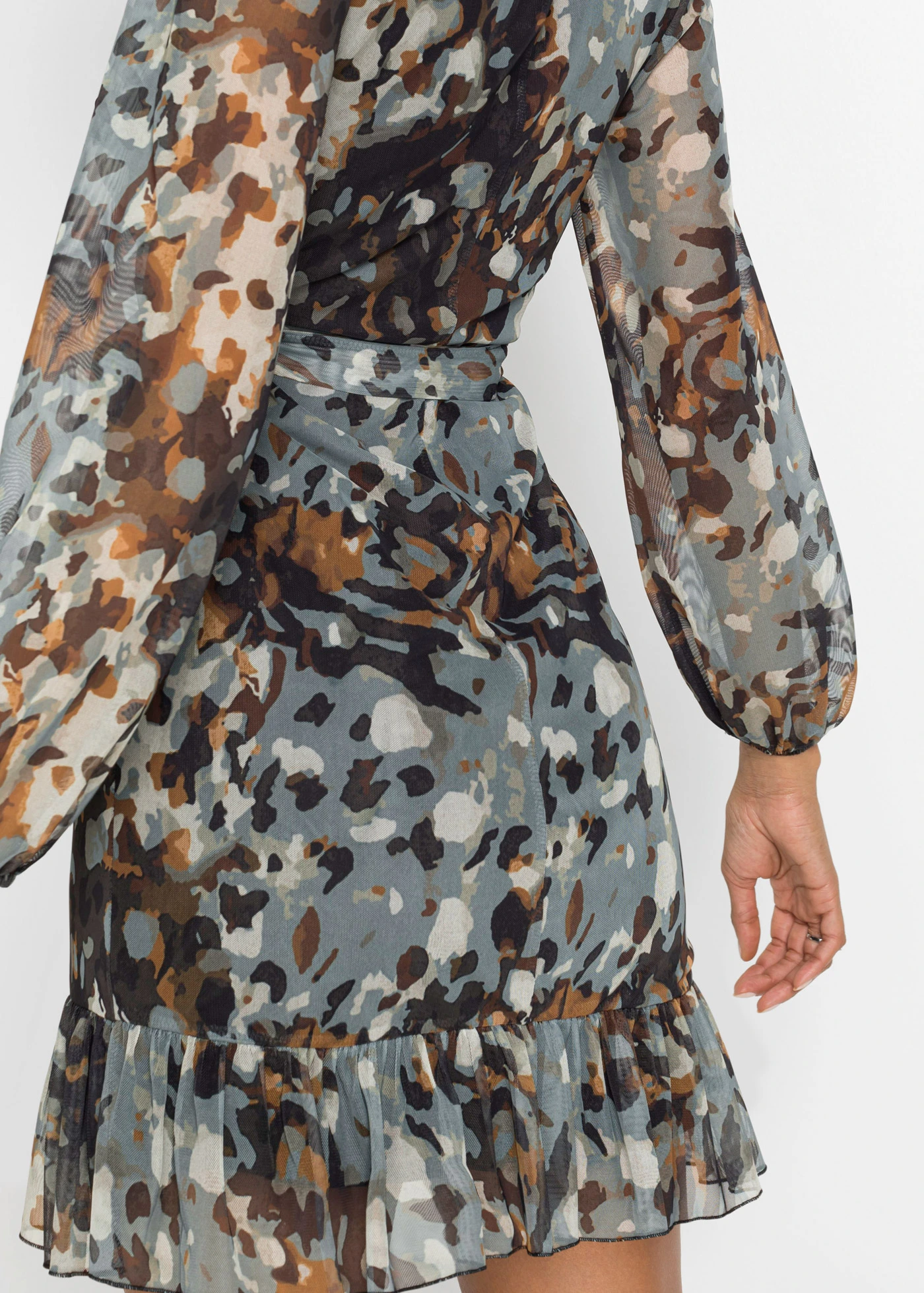 Rochie mini cu mâneci balon • maro închis / bej / galben închis cu imprimeu • magazin bonprix