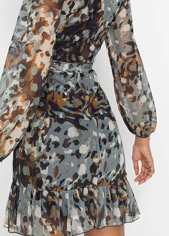 Rochie mini cu mâneci balon • maro închis / bej / galben închis cu imprimeu • magazin bonprix