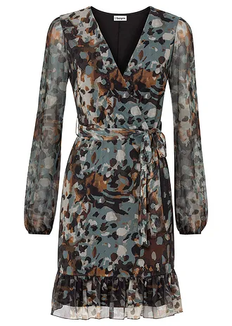 Mini jurk met ballonmouwen • donkerbruin/beige/donkergeel gedessineerd • bonprix online shop