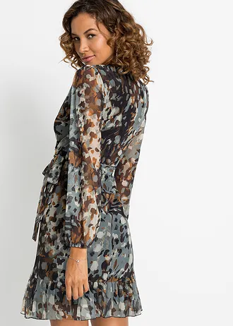 Mini jurk met ballonmouwen • donkerbruin/beige/donkergeel gedessineerd • bonprix online shop