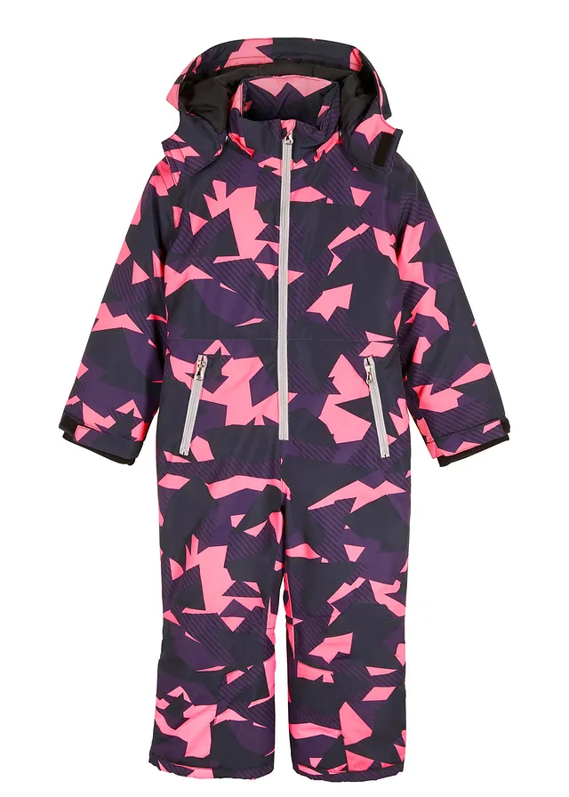 warm gevoerde sneeuwpak, waterafstotend, voor kinderen • donkerpaars/neonpink/zwart met print • bonprix online shop