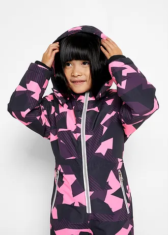 warm gevoerde sneeuwpak, waterafstotend, voor kinderen • donkerpaars/neonpink/zwart met print • bonprix online shop