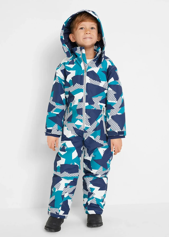 Combinaison de ski chaudement doublée à capuche amovible, Couleur: turquoise foncé-bleu foncé-blanc imprimé