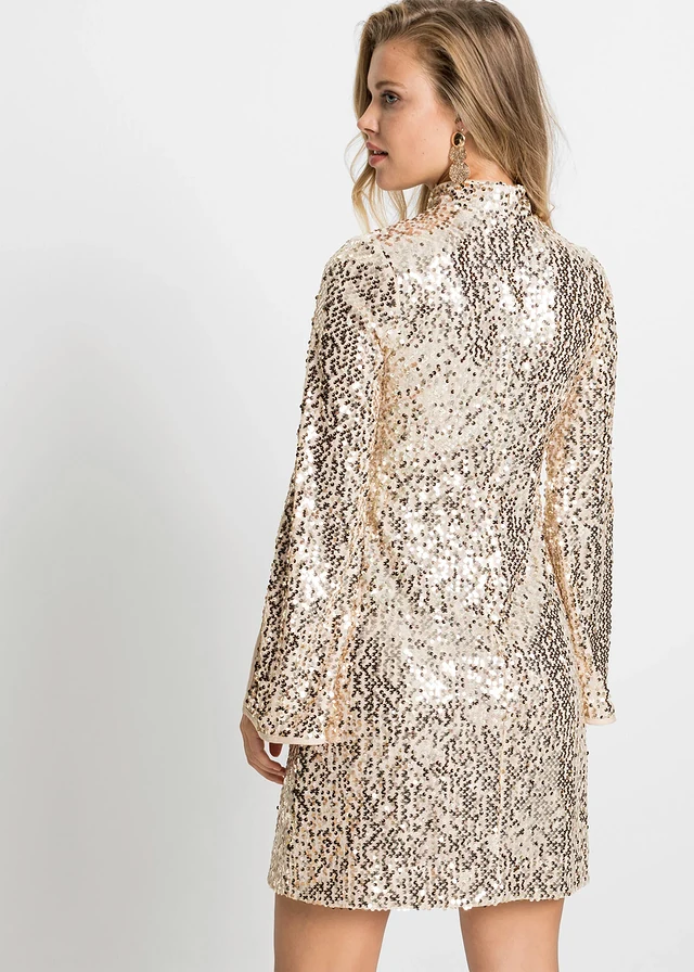 Robe à sequins et manches trompette, Couleur: doré/beige