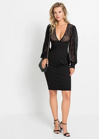 Accentuerende midi jurk met kant • zwart • bonprix online shop