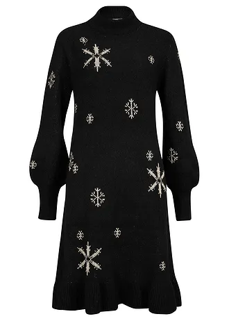 Gebreide jurk met sneeuwvlokken • zwart • bonprix online shop