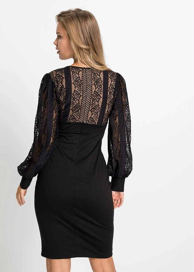 Robe midi près du corps rehaussée de dentelle, Couleur: noir