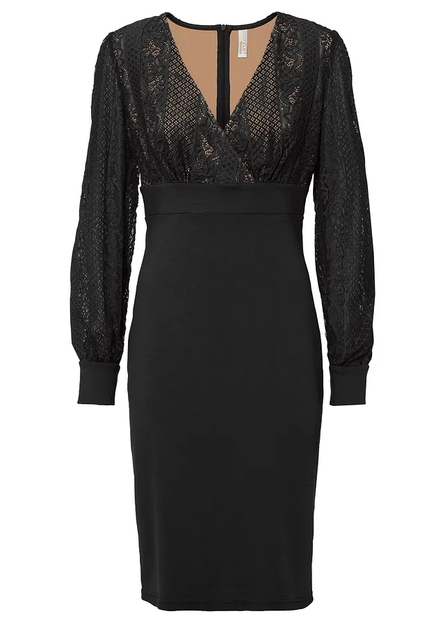 Robe midi près du corps rehaussée de dentelle, Couleur: noir